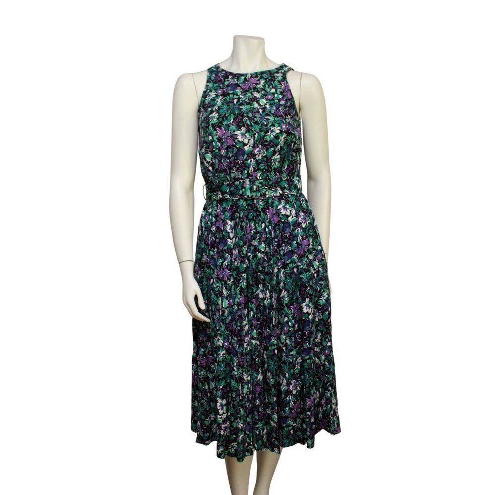 Vintage 80s E.D. Michaels Green Purple Floral Belted Maxi Dress Pockets Size M